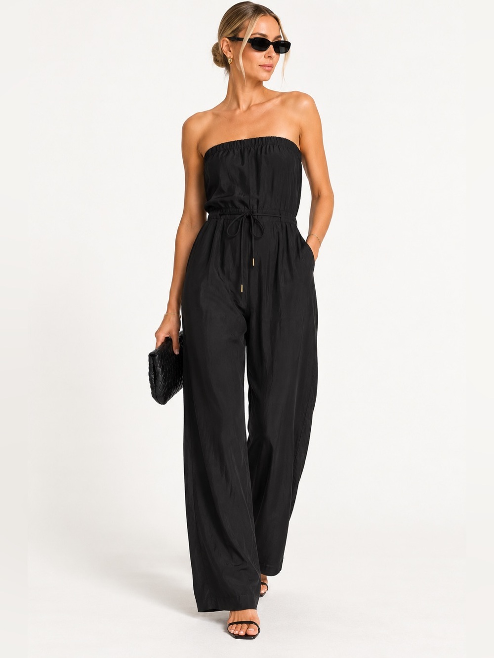 Club Monaco Black Strapless Wide-Leg Jumpsuit with Waist Tie